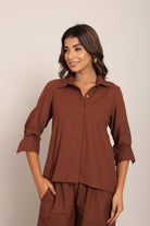 Brown Solid Relaxed Shirt with Collar and Closer Buttons - Kaoribyshreya