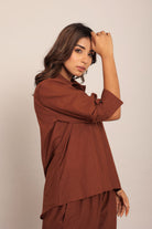 Brown Solid Relaxed Shirt with Collar and Closer Buttons - Kaoribyshreya