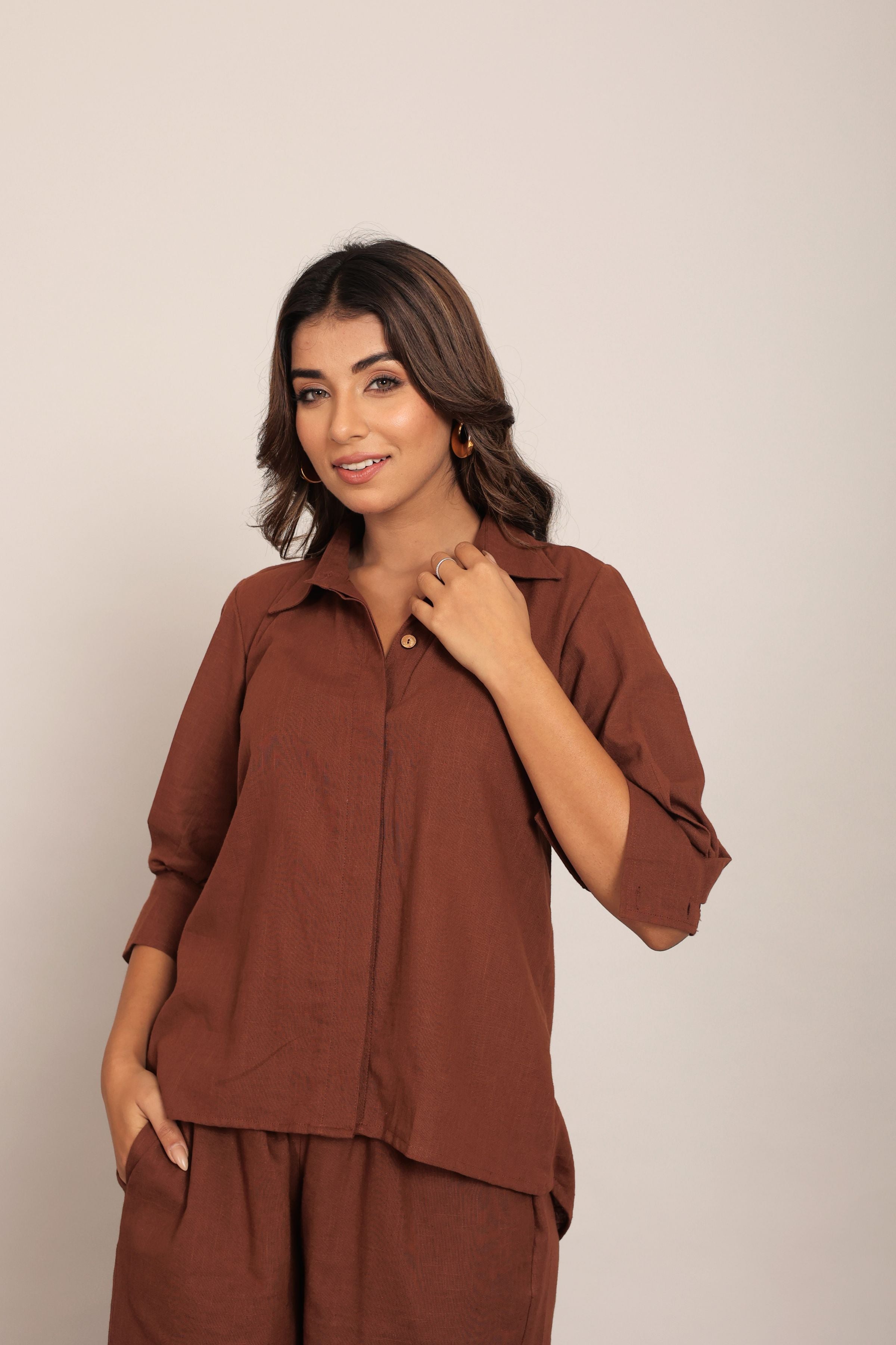 Brown Solid Relaxed Shirt with Collar and Closer Buttons - Kaoribyshreya