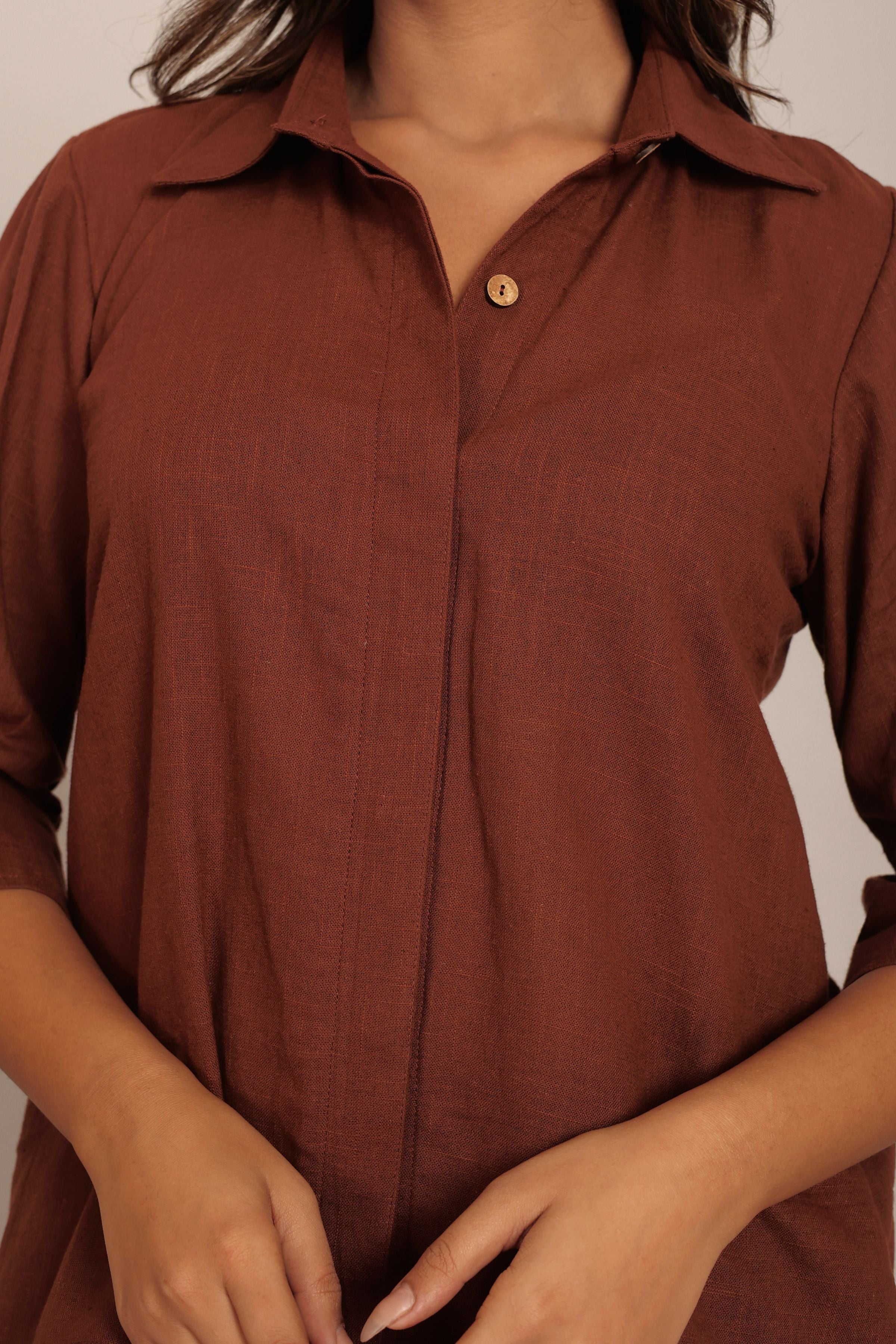 Brown Solid Relaxed Shirt with Collar and Closer Buttons - Kaoribyshreya