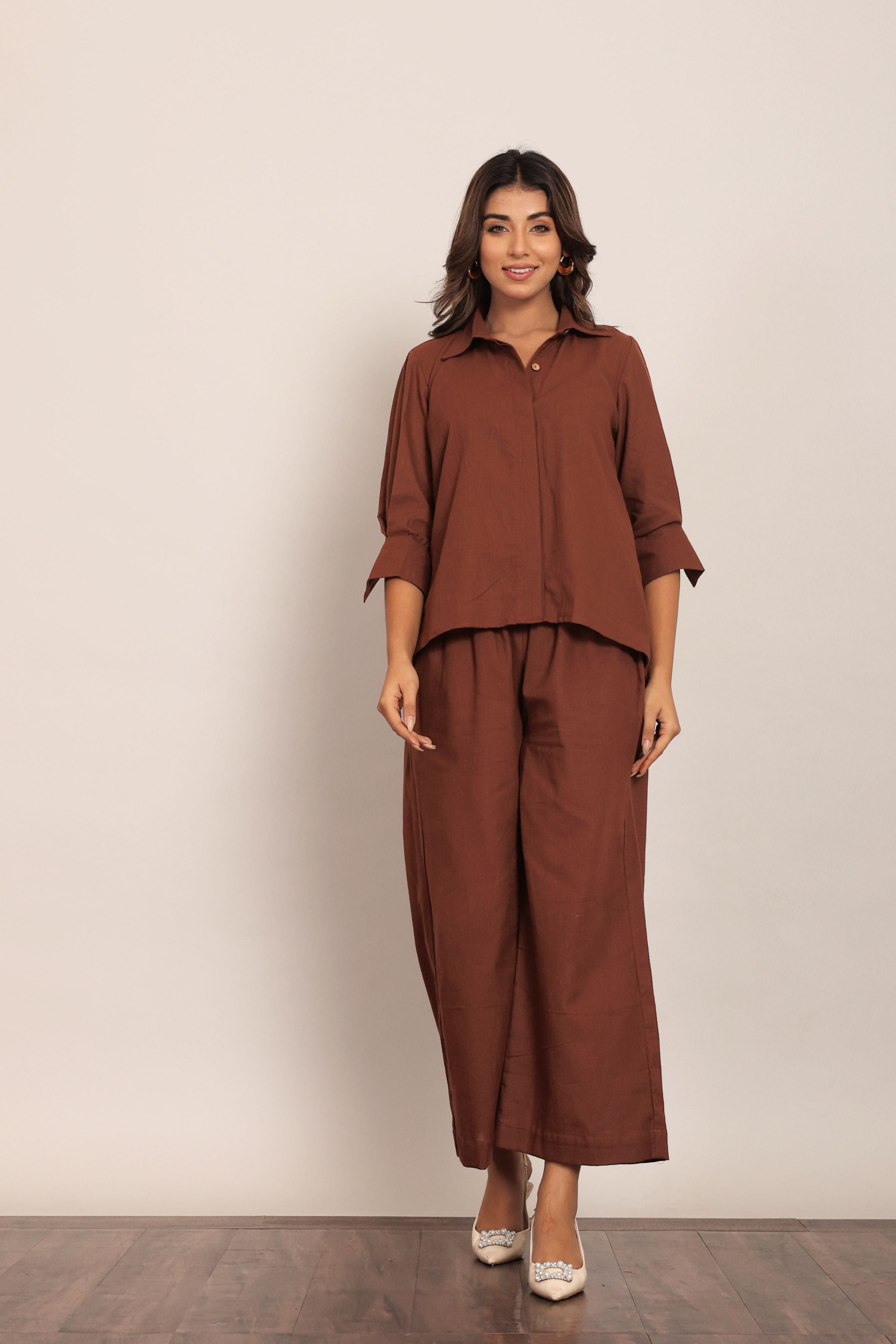 Brown Solid Western Cord-Set Relaxed Shirt and Pant - Kaoribyshreya