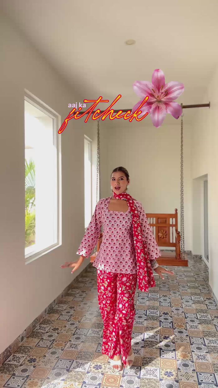 Pink Floral Bell Sleeve Kurta Set