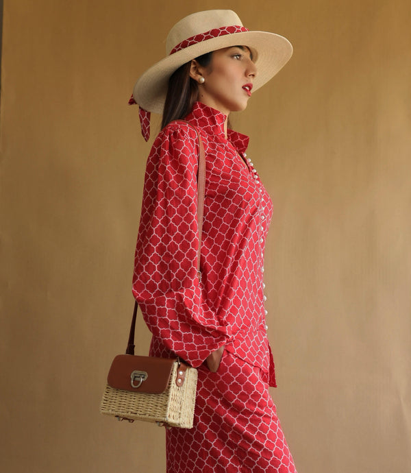 Geometric Lava Red Pant Suit Set Two Piece Co-Ord Set