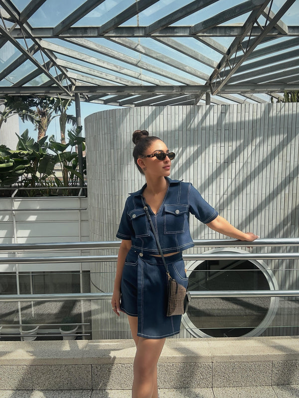 Blue Denim Cropped Top and Skort Coord Set