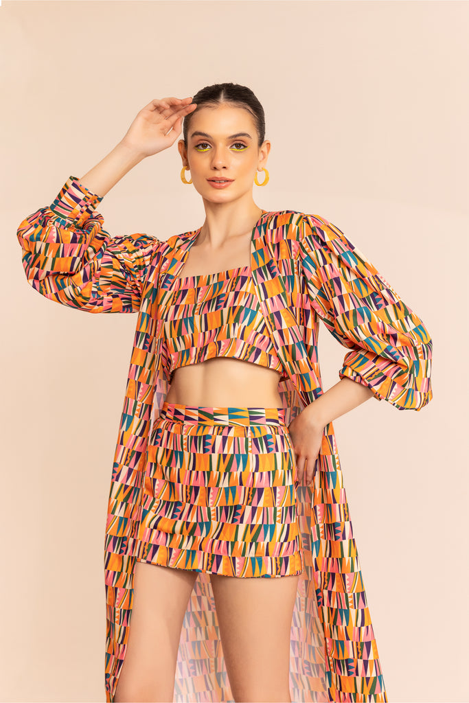Multi geometry print long jacket with crop top and pencil skirt set