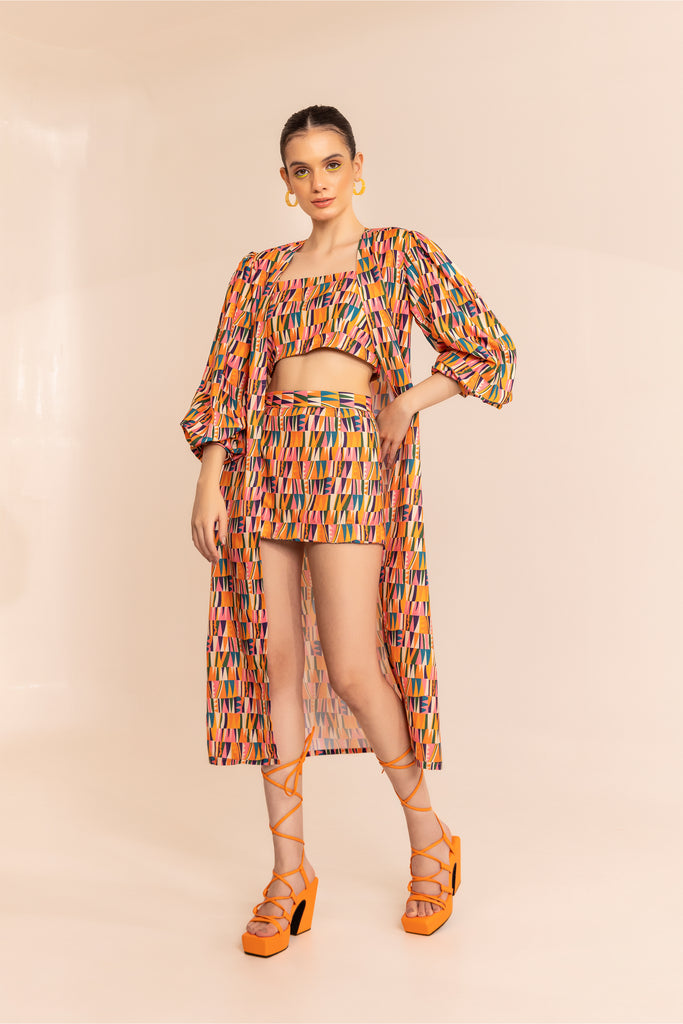 Multi geometry print long jacket with crop top and pencil skirt set