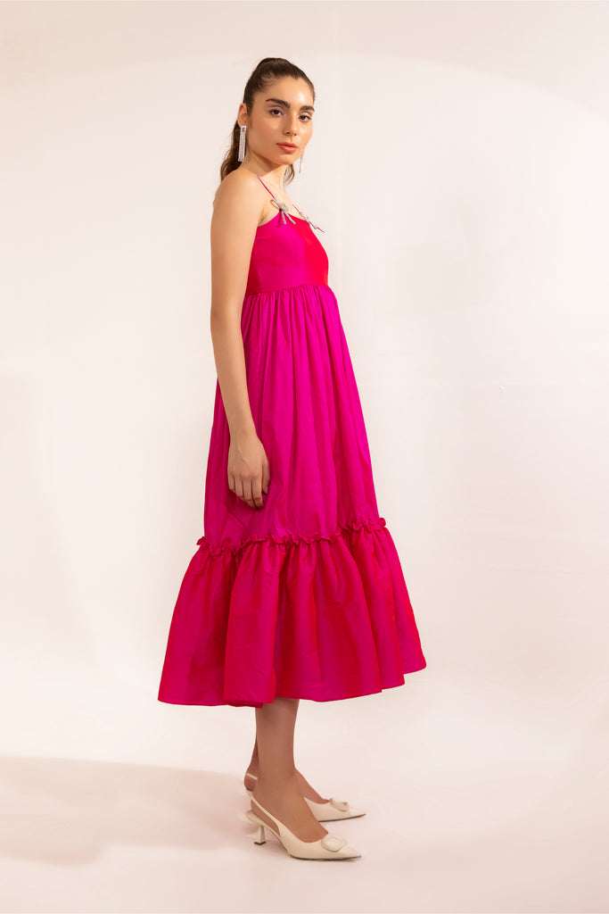 Fuschia Pink with rhinestone bow flared maxi dress