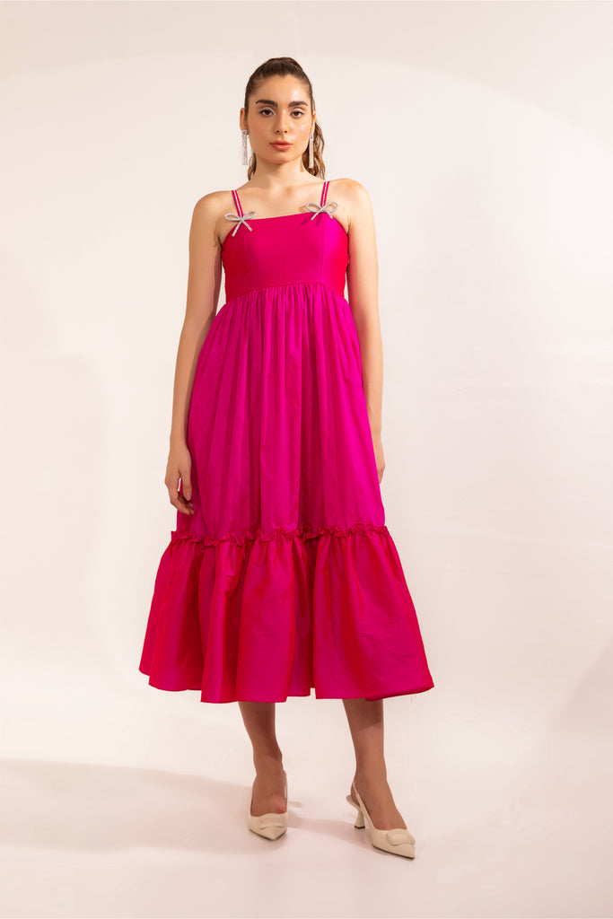 Fuschia Pink with rhinestone bow flared maxi dress