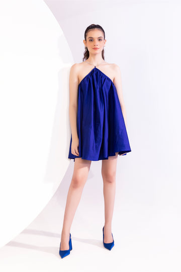 Electric blue rhinestone chain halter mini dress