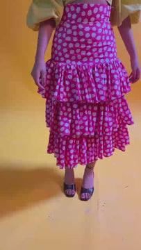 Lime Yellow Off Shoulder Top with Retro Pink Polka Dots Layered Skirt
