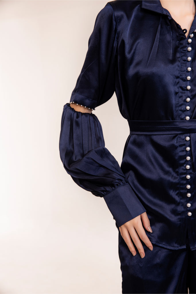 Midnight Blue Satin Shirt with Sleeve Cut Out Detail and Coordinated Pant set