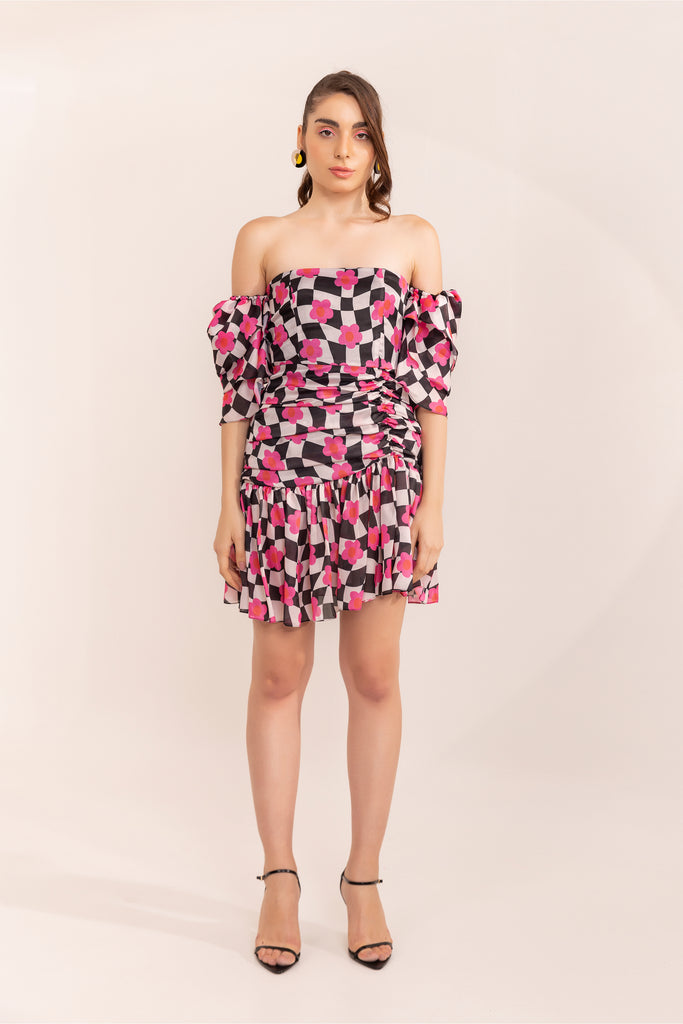 Pink Checkered Lemonade Printed Off Shoulder Short Dress