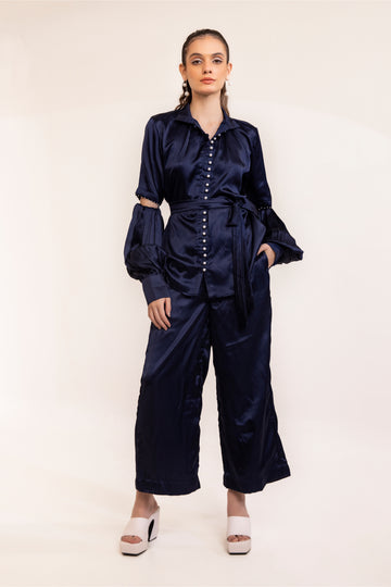Midnight Blue Satin Shirt with Sleeve Cut Out Detail and Coordinated Pant set
