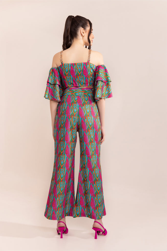 Multi Swirl Off Shoulder Top With High-Waisted Trouser