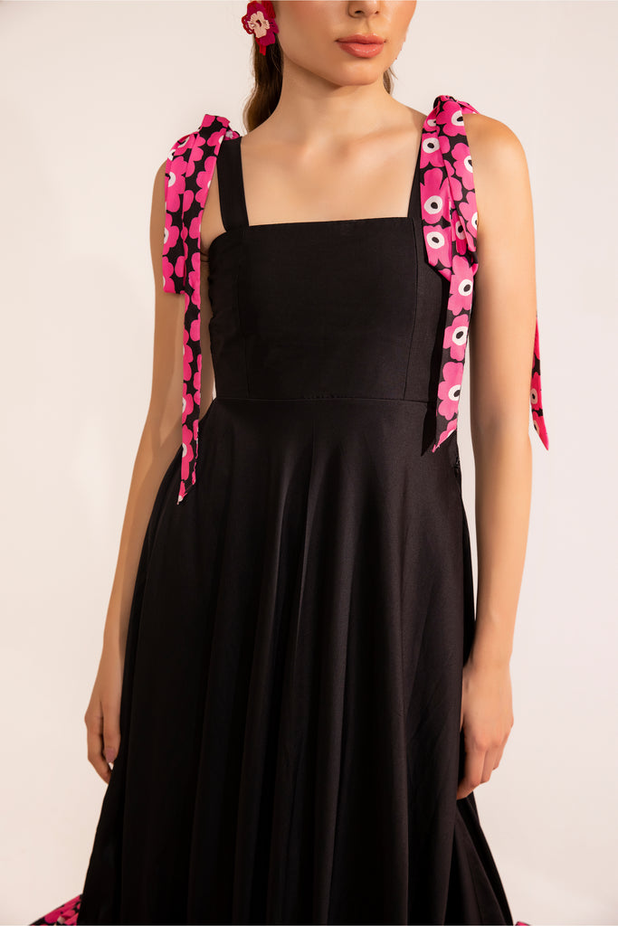 Black beauty maxi dress with 3d pink flower detail