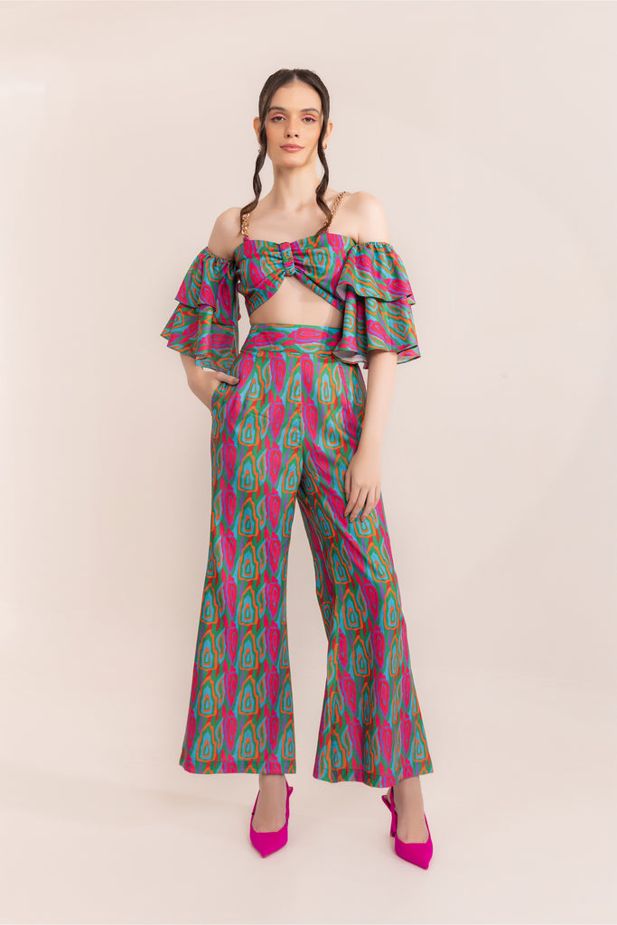 Multi Swirl Off Shoulder Top With High-Waisted Trouser