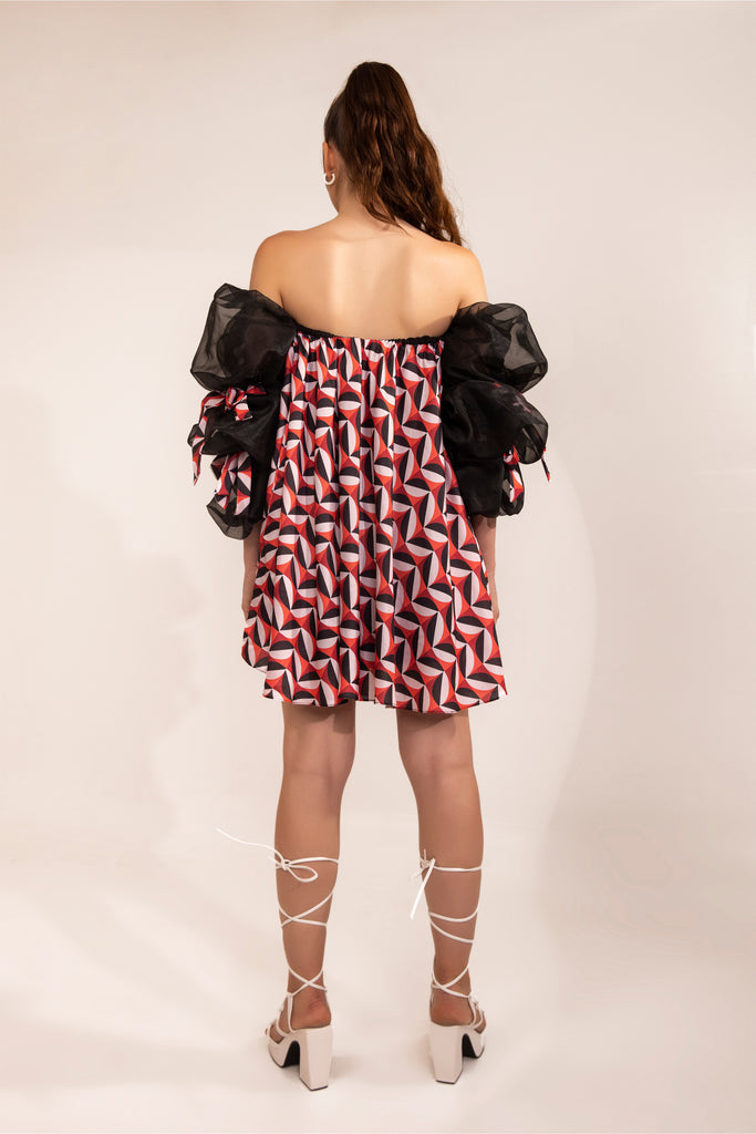 Black & red geometric print off shoulder mini dress