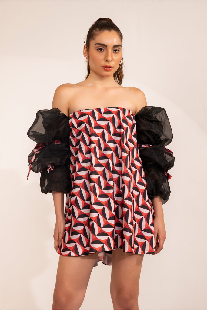 Black & red geometric print off shoulder mini dress