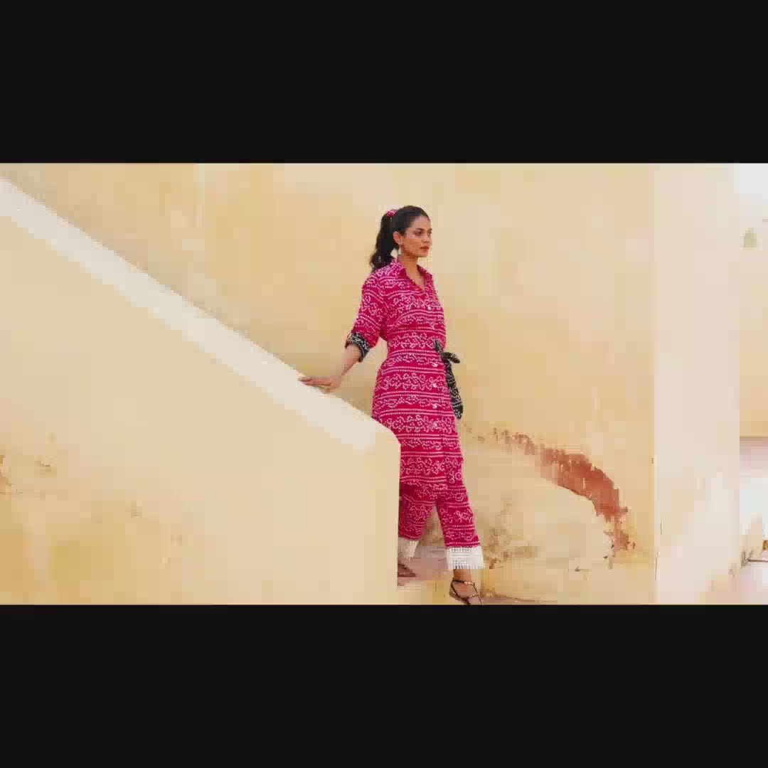 Fuschia Pink Bhandej Print Side Tie Up Shirt Kurta with Statement Pants