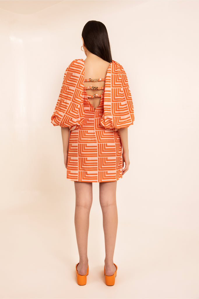 tangy orange stripe printed bodycon backless summer dress with drama sleeves
