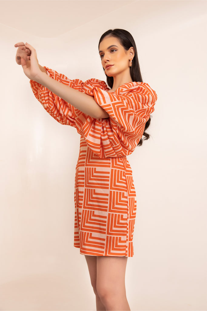 tangy orange stripe printed bodycon backless summer dress with drama sleeves