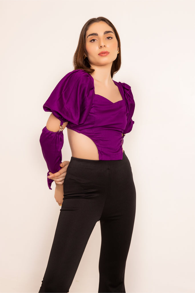 Imperial purple bustier with statement cut out sleeves