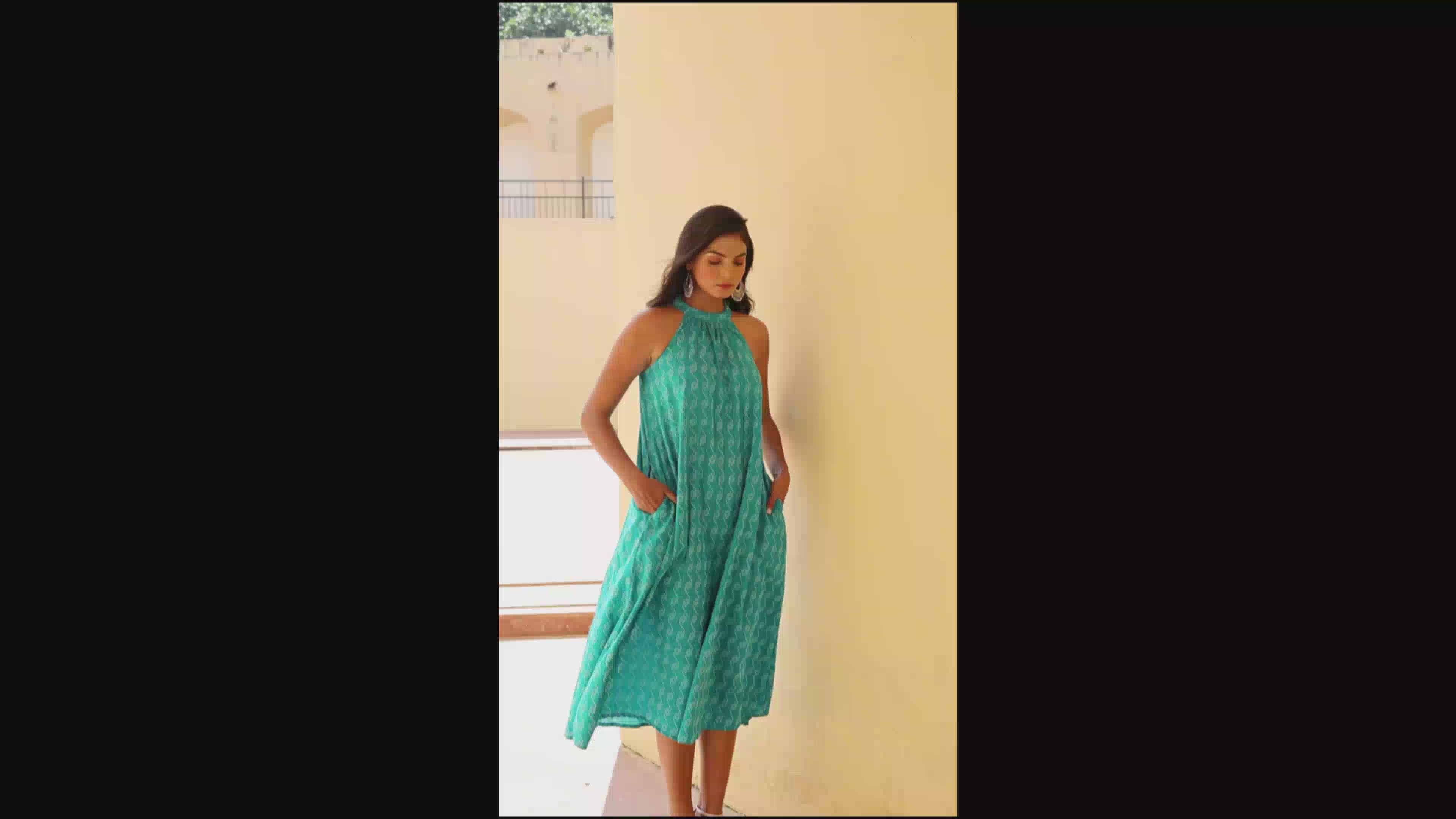 Scuba Blue Kantha Halter Neck Dress