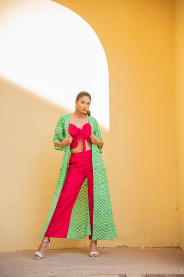 Green Leheriya Jacket with Front Tie Up Top	and Pant Set