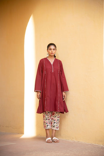 Bing Cherry Maroon V Neck Kurta In Bell Sleeves With Straight Pant