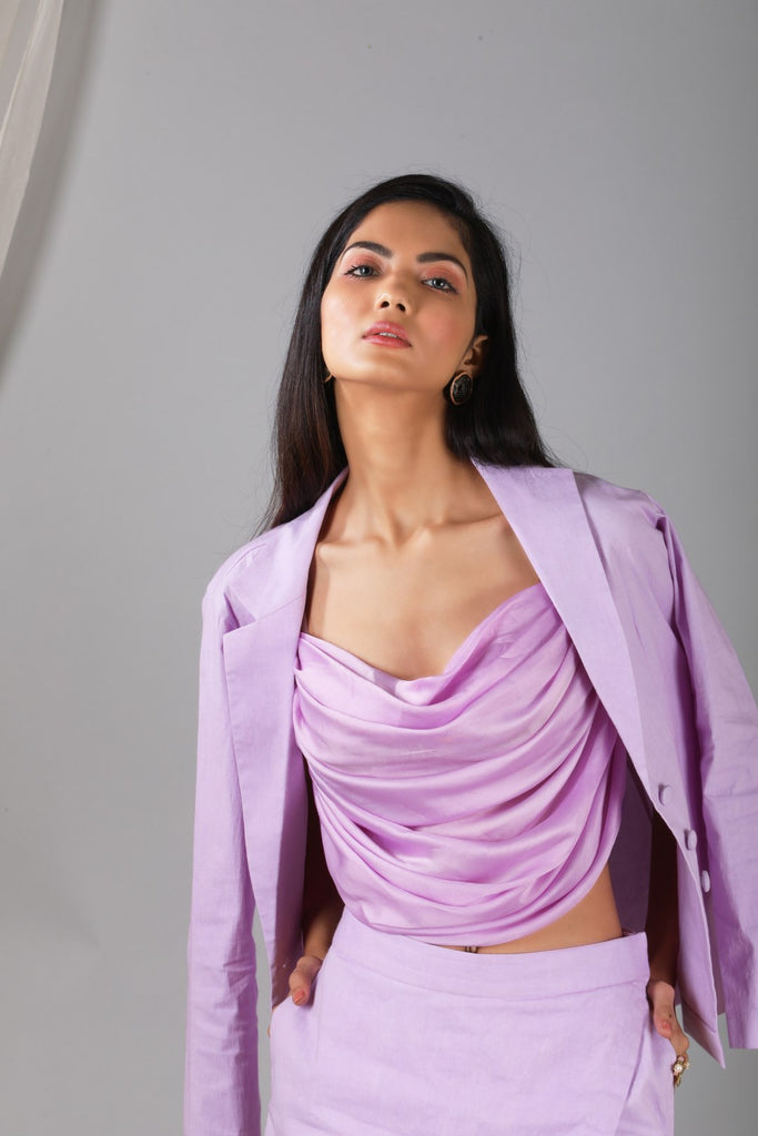 Pastel lilac cowl blouse with blazer skirt
