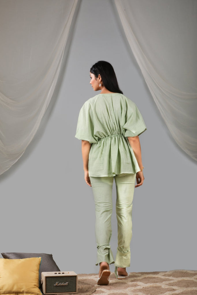 Smoke green blouse pant set with bralet