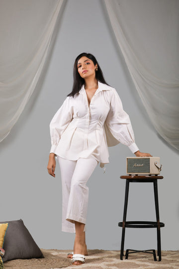 Pearled ivory back tie up shirt with pant set