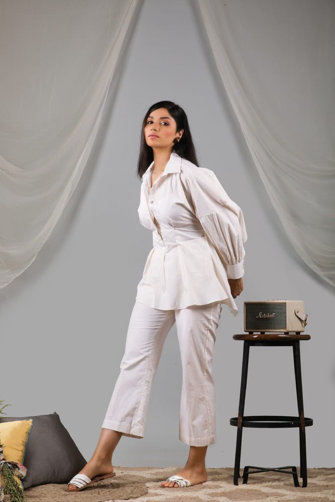 Pearled ivory back tie up shirt with pant set