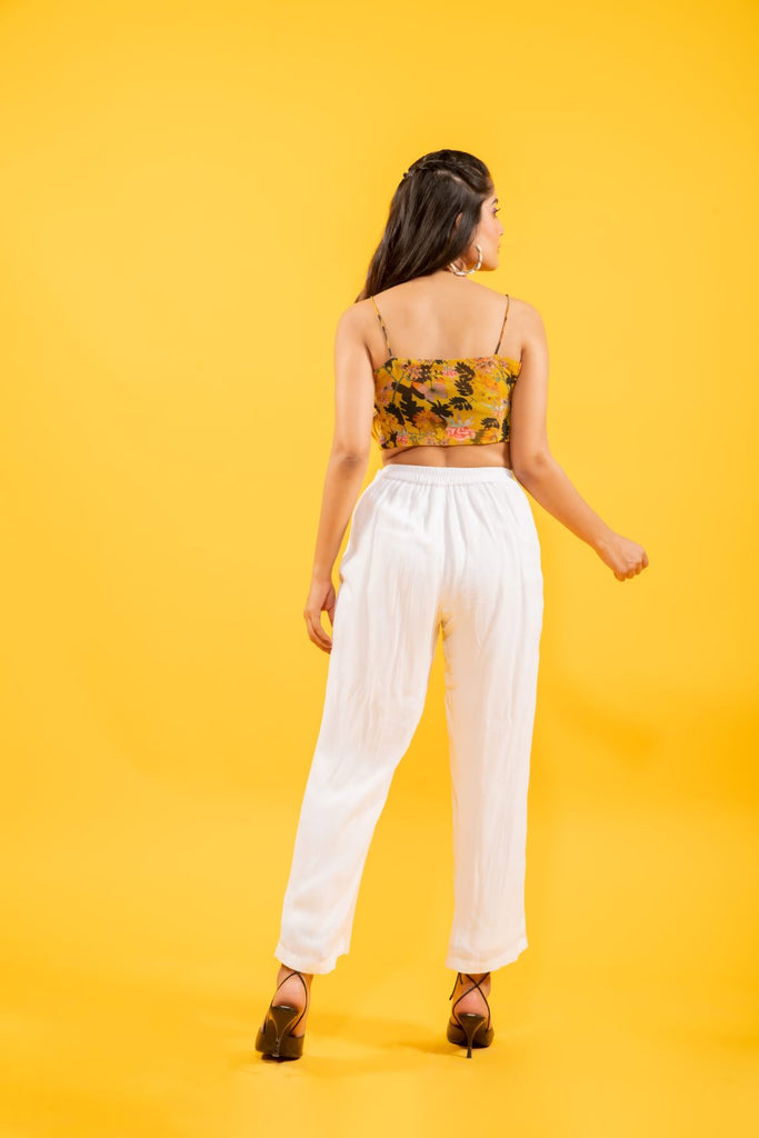 Summer georgette yellow floral wrap tie up top with off white chinon pants