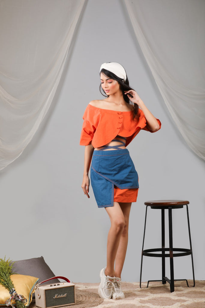 Burnt orange shrug blouse with short flap skirt