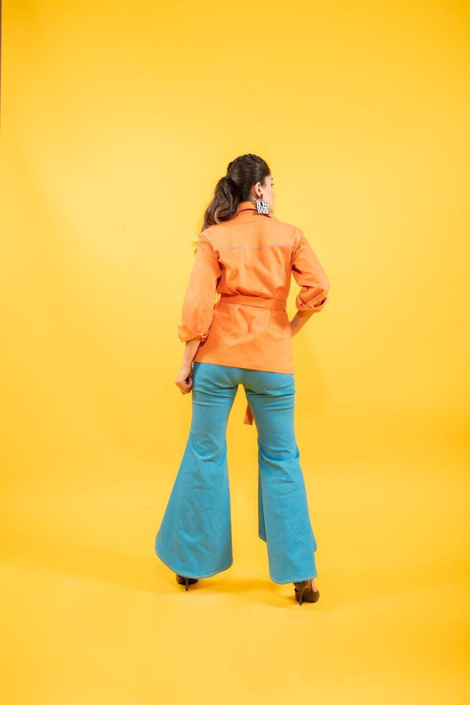 Sunrise orange shirt jacket with high-low denim pants set