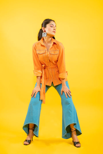 Sunrise orange shirt jacket with high-low denim pants set