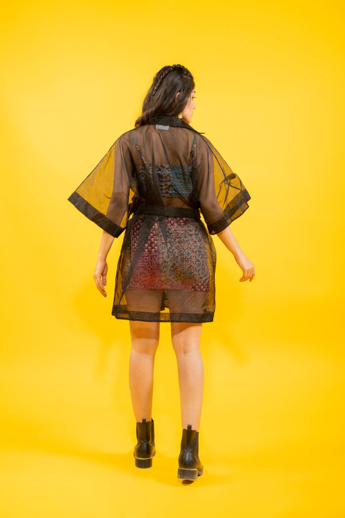 Black organza kimono jacket with mix patch print skirt and top set