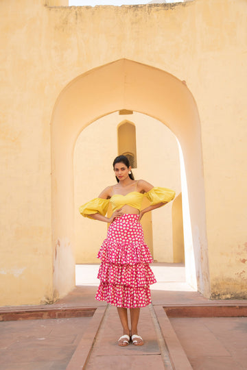 Lime Yellow Off Shoulder Top with Retro Pink Polka Dots Layered Skirt