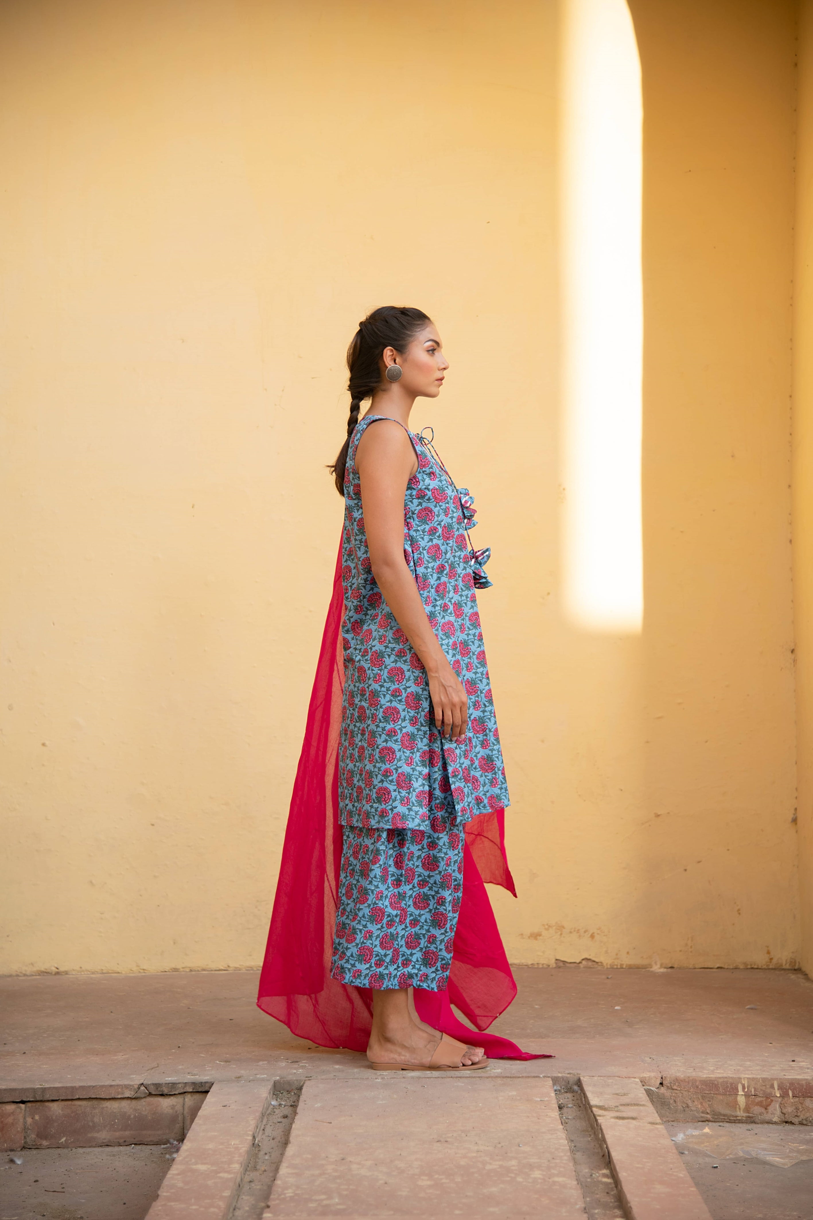 Bella Blue Pink Floral Kurta with Short Pant and Fuschia Pink Dupatta Set