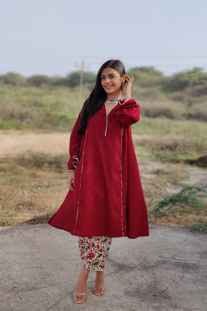 Bing Cherry Maroon V Neck Kurta In Bell Sleeves With Straight Pant