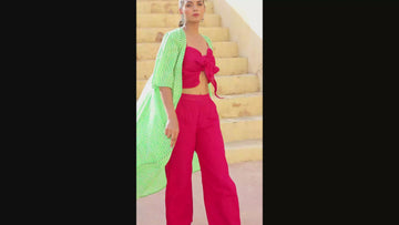 Green Leheriya Jacket with Front Tie Up Top	and Pant Set