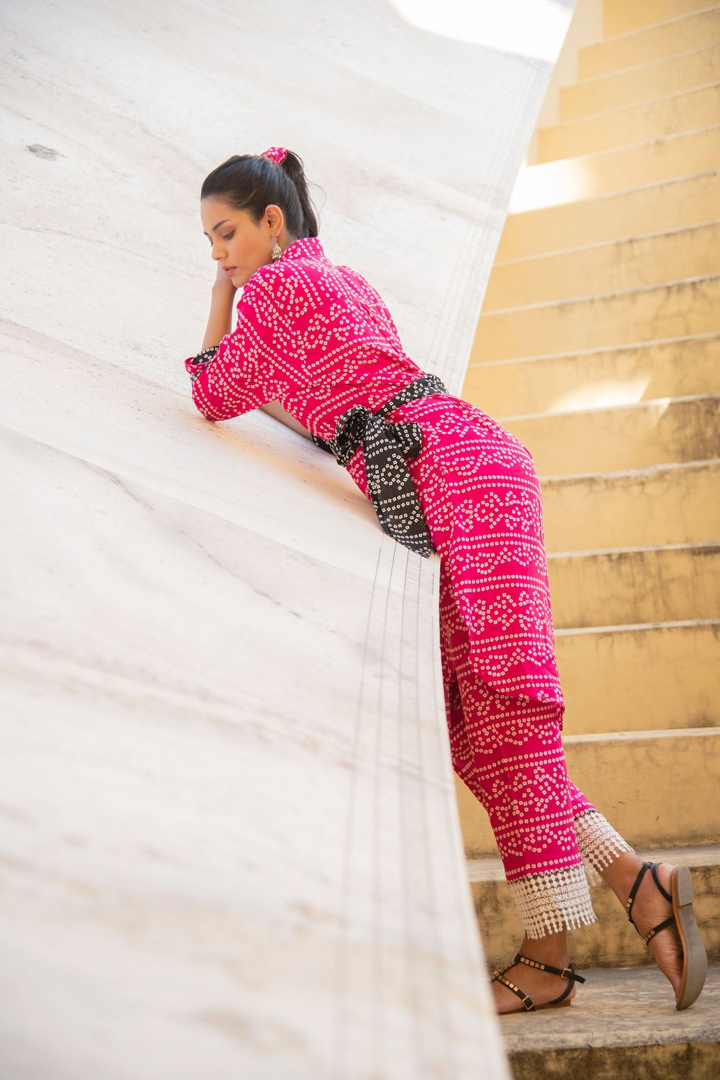 Fuschia Pink Bhandej Print Side Tie Up Shirt Kurta with Statement Pants