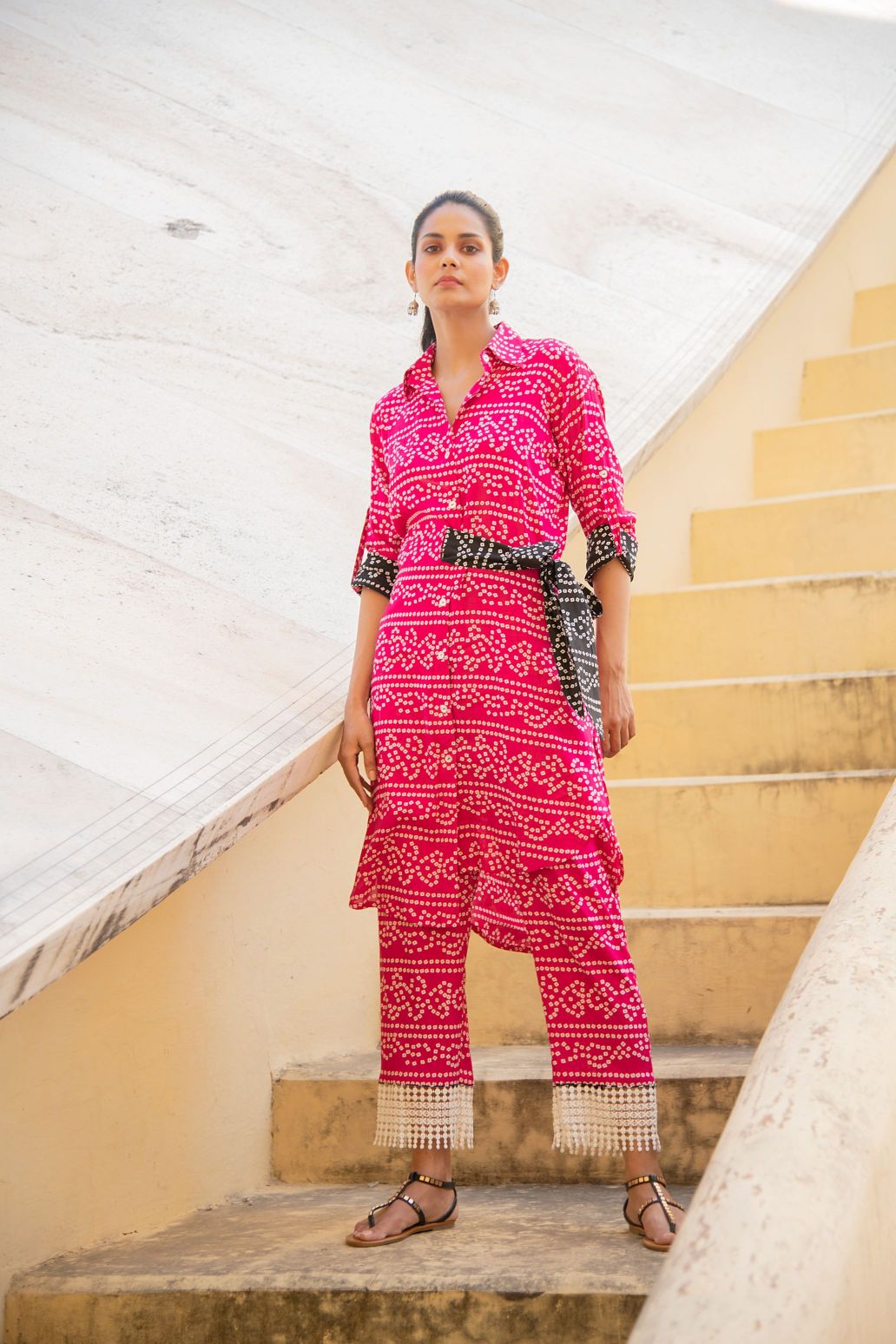 Fuschia Pink Bhandej Print Side Tie Up Shirt Kurta with Statement Pants