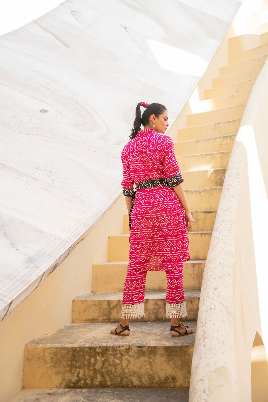 Fuschia Pink Bhandej Print Side Tie Up Shirt Kurta with Statement Pants