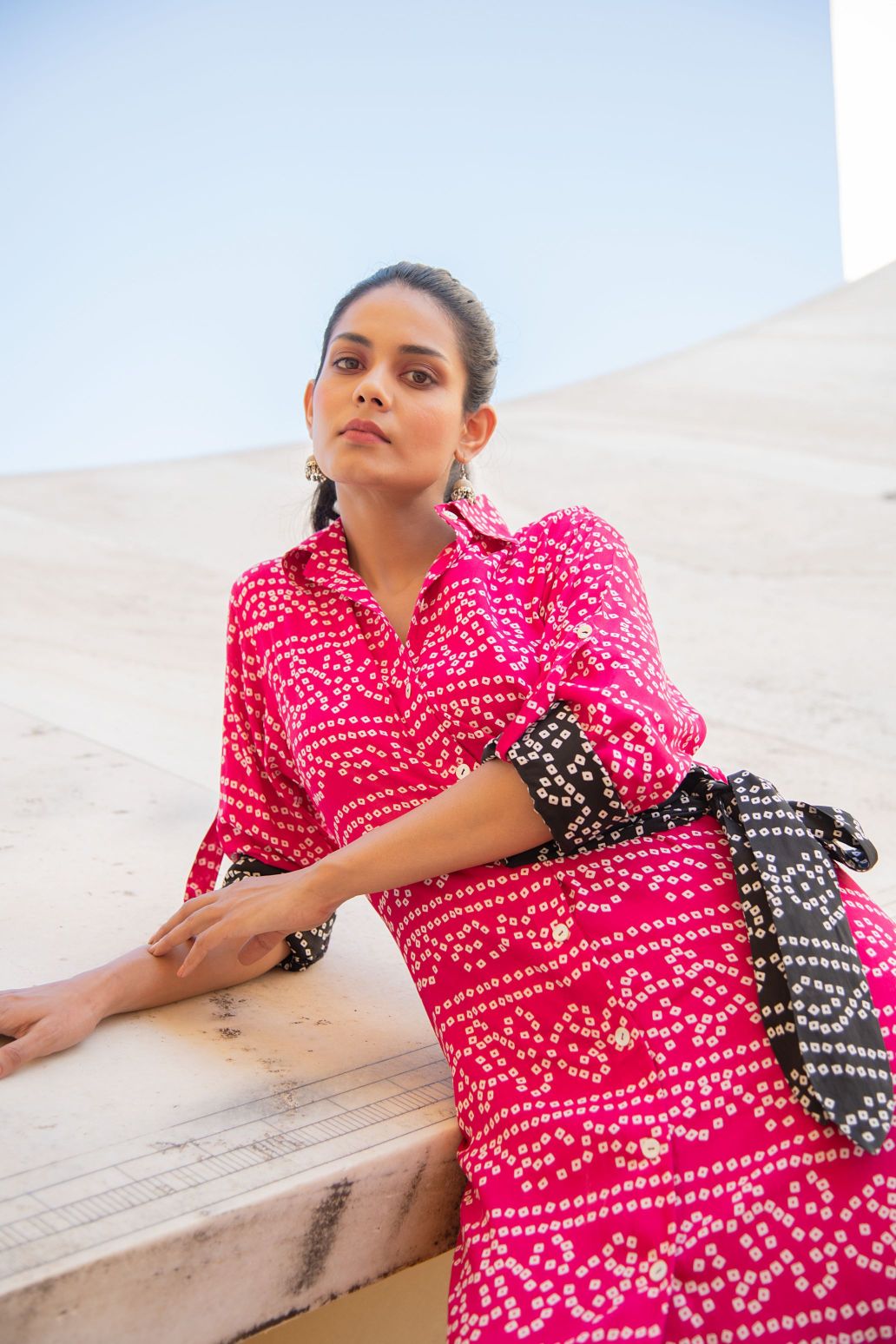 Fuschia Pink Bhandej Print Side Tie Up Shirt Kurta with Statement Pants