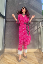 Fuschia Pink Bhandej Print Side Tie Up Shirt Kurta with Statement Pants