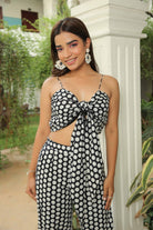 JET BLACK POLKA JACKET WITH FRONT TIE UP TOP AND PANT SET