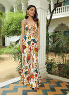 RUFFLED PRINTED TOP WITH FLARED HIGH WAIST PANTS