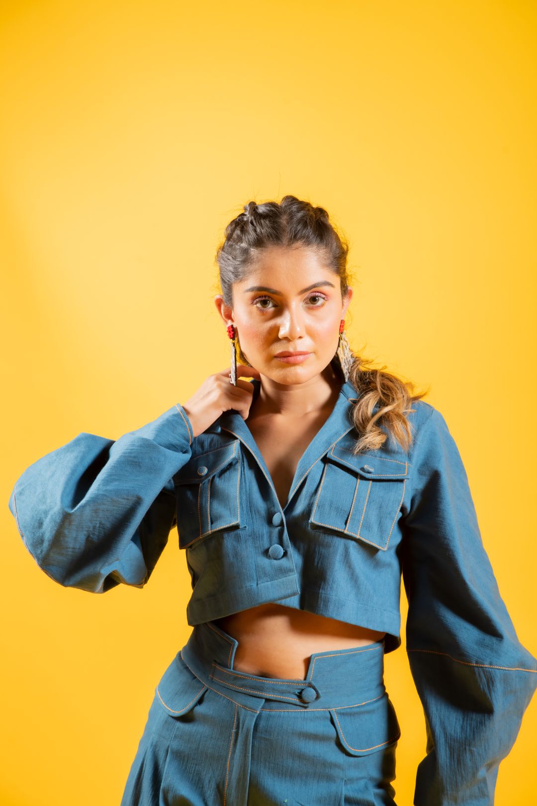 Denim oversized short jacket with statement bottom set